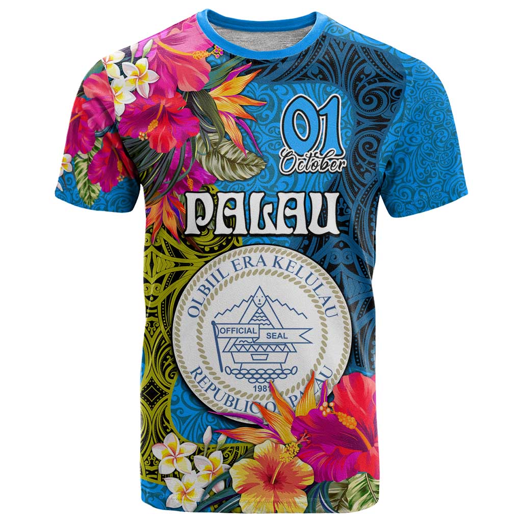 Personalised Palau Independence Day T Shirt 1st October 30th Anniversary Polynesian Jungle Flower LT03 Blue - Polynesian Pride
