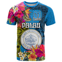 Personalised Palau Independence Day T Shirt 1st October 30th Anniversary Polynesian Jungle Flower LT03 Blue - Polynesian Pride