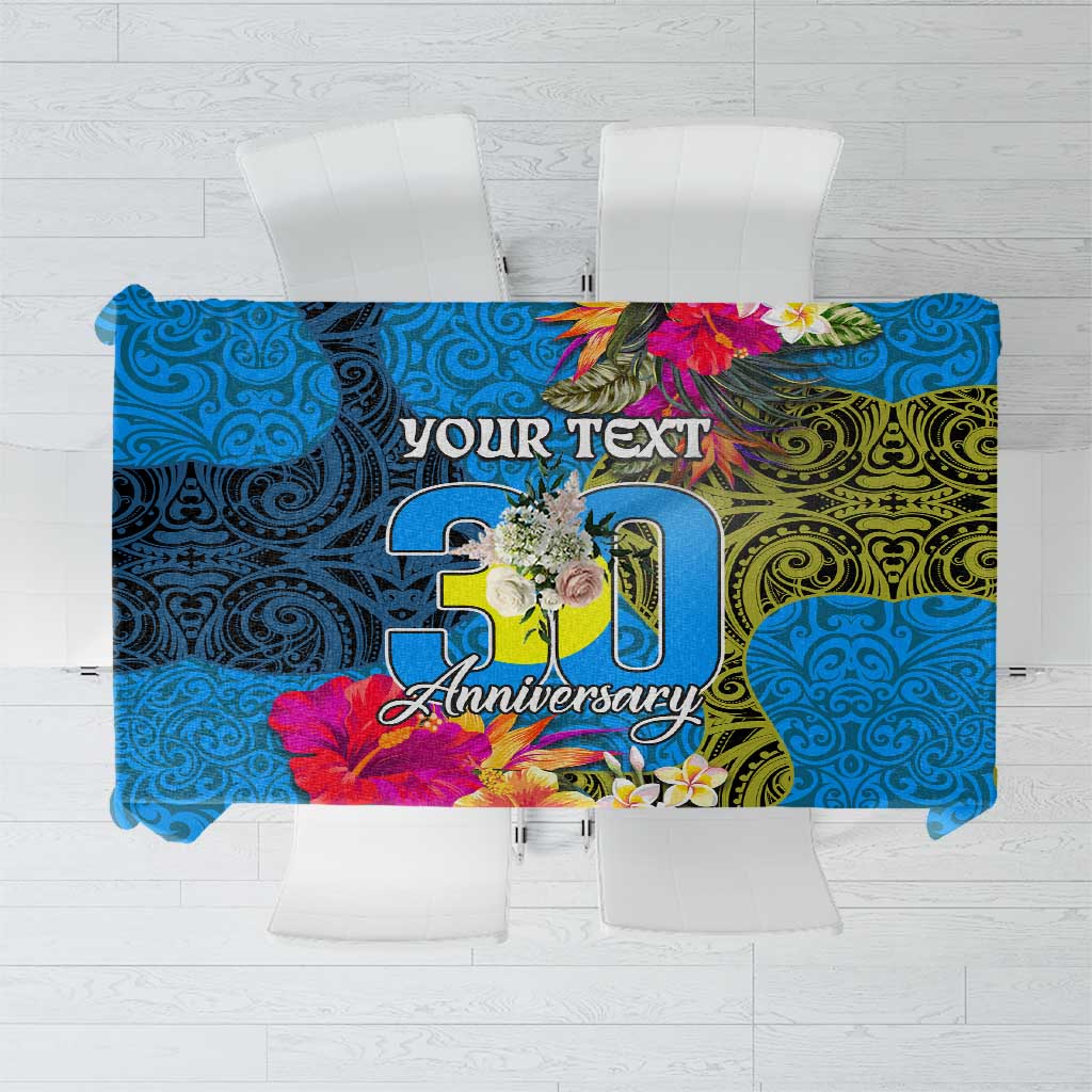 Personalised Palau Independence Day Tablecloth 1st October 30th Anniversary Polynesian Jungle Flower LT03 Blue - Polynesian Pride