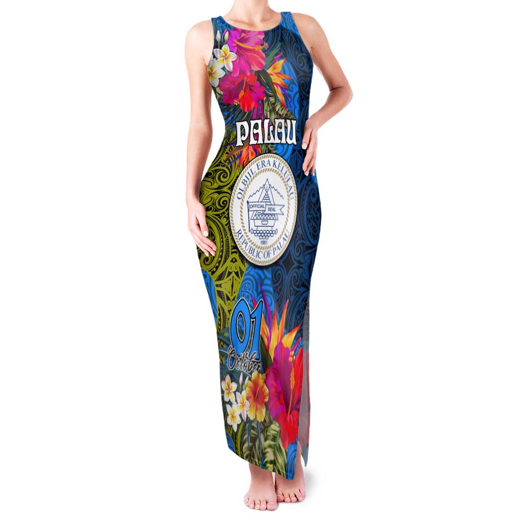 Personalised Palau Independence Day Tank Maxi Dress 1st October 30th Anniversary Polynesian Jungle Flower LT03 Women Blue - Polynesian Pride