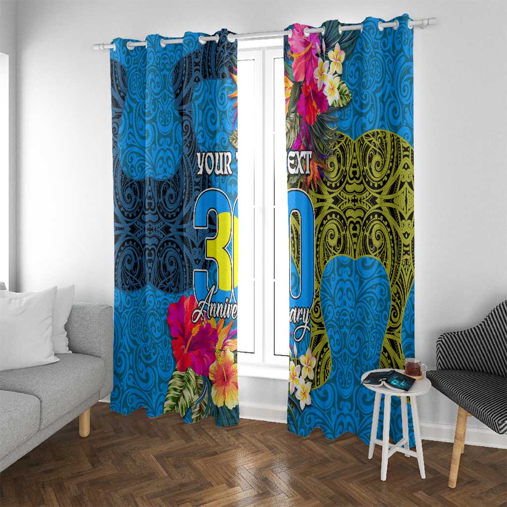 Personalised Palau Independence Day Window Curtain 1st October 30th Anniversary Polynesian Jungle Flower LT03 With Grommets Blue - Polynesian Pride