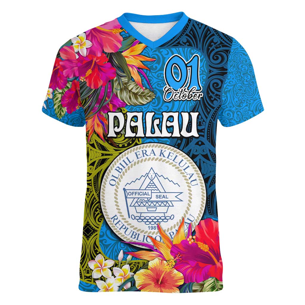 Personalised Palau Independence Day Women V-Neck T-Shirt 1st October 30th Anniversary Polynesian Jungle Flower