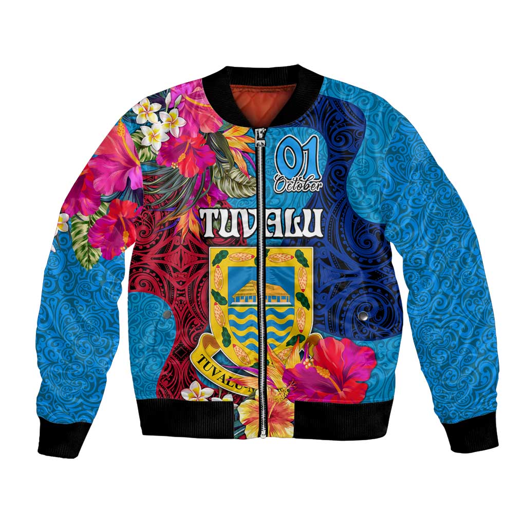 Tuvalu Independence Day Bomber Jacket 1st October 46th Anniversary Polynesian Jungle Flower LT03 Unisex Blue - Polynesian Pride