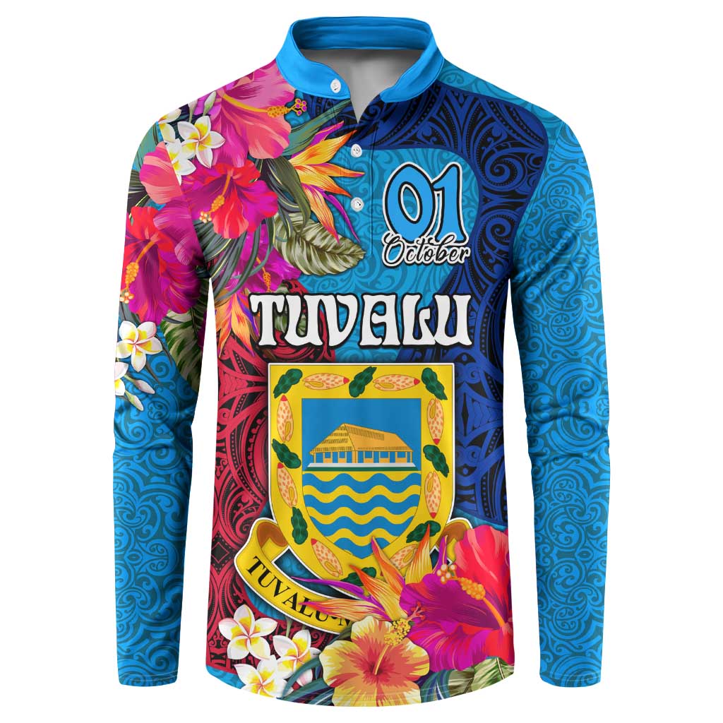Tuvalu Independence Day Button Sweatshirt 1st October 46th Anniversary Polynesian Jungle Flower LT03 Blue - Polynesian Pride