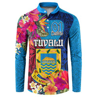 Tuvalu Independence Day Button Sweatshirt 1st October 46th Anniversary Polynesian Jungle Flower LT03 Blue - Polynesian Pride