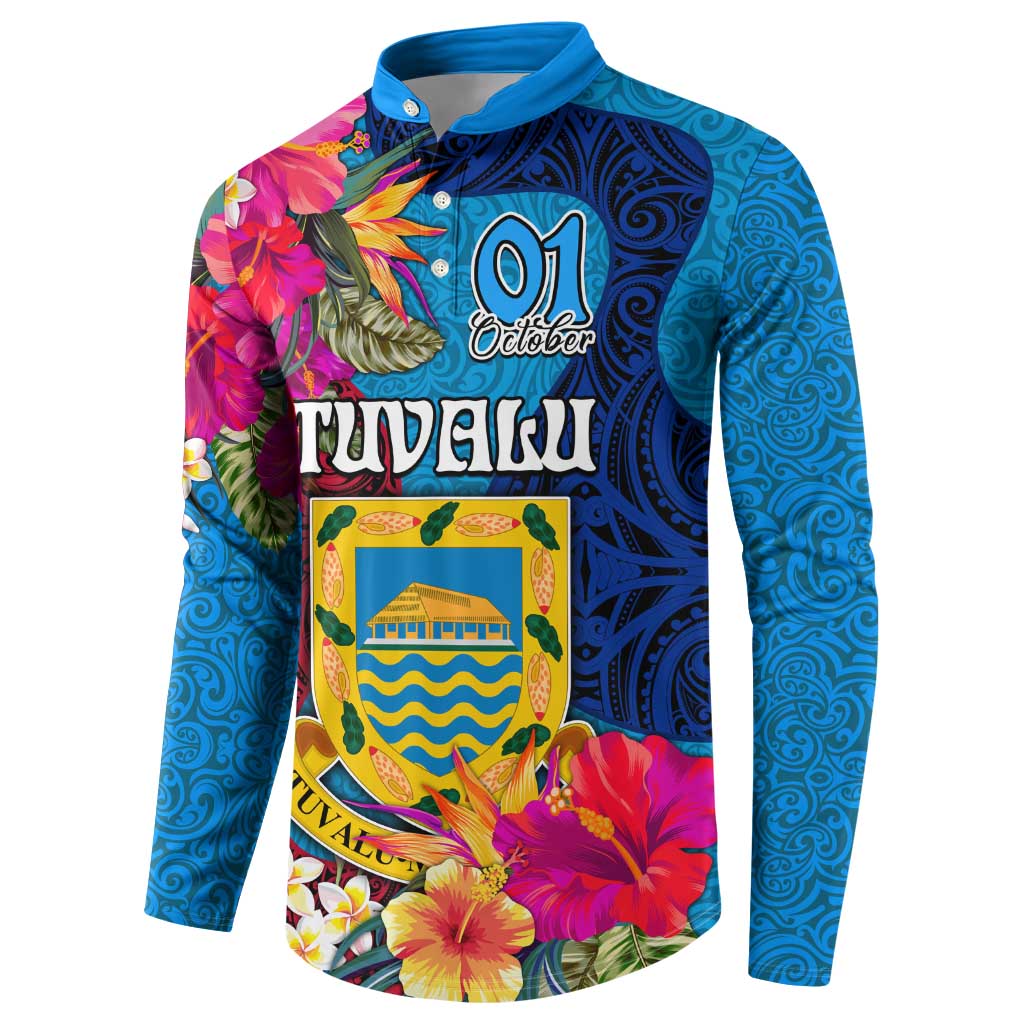 Tuvalu Independence Day Button Sweatshirt 1st October 46th Anniversary Polynesian Jungle Flower LT03 - Polynesian Pride