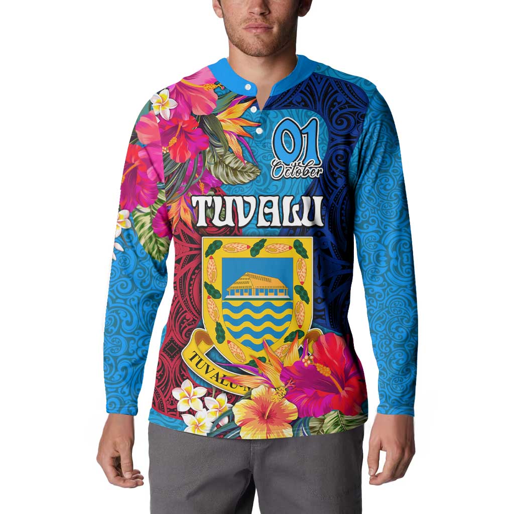 Tuvalu Independence Day Button Sweatshirt 1st October 46th Anniversary Polynesian Jungle Flower LT03 - Polynesian Pride
