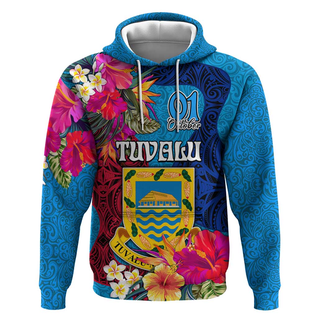 Tuvalu Independence Day Hoodie 1st October 46th Anniversary Polynesian Jungle Flower LT03 Pullover Hoodie Blue - Polynesian Pride