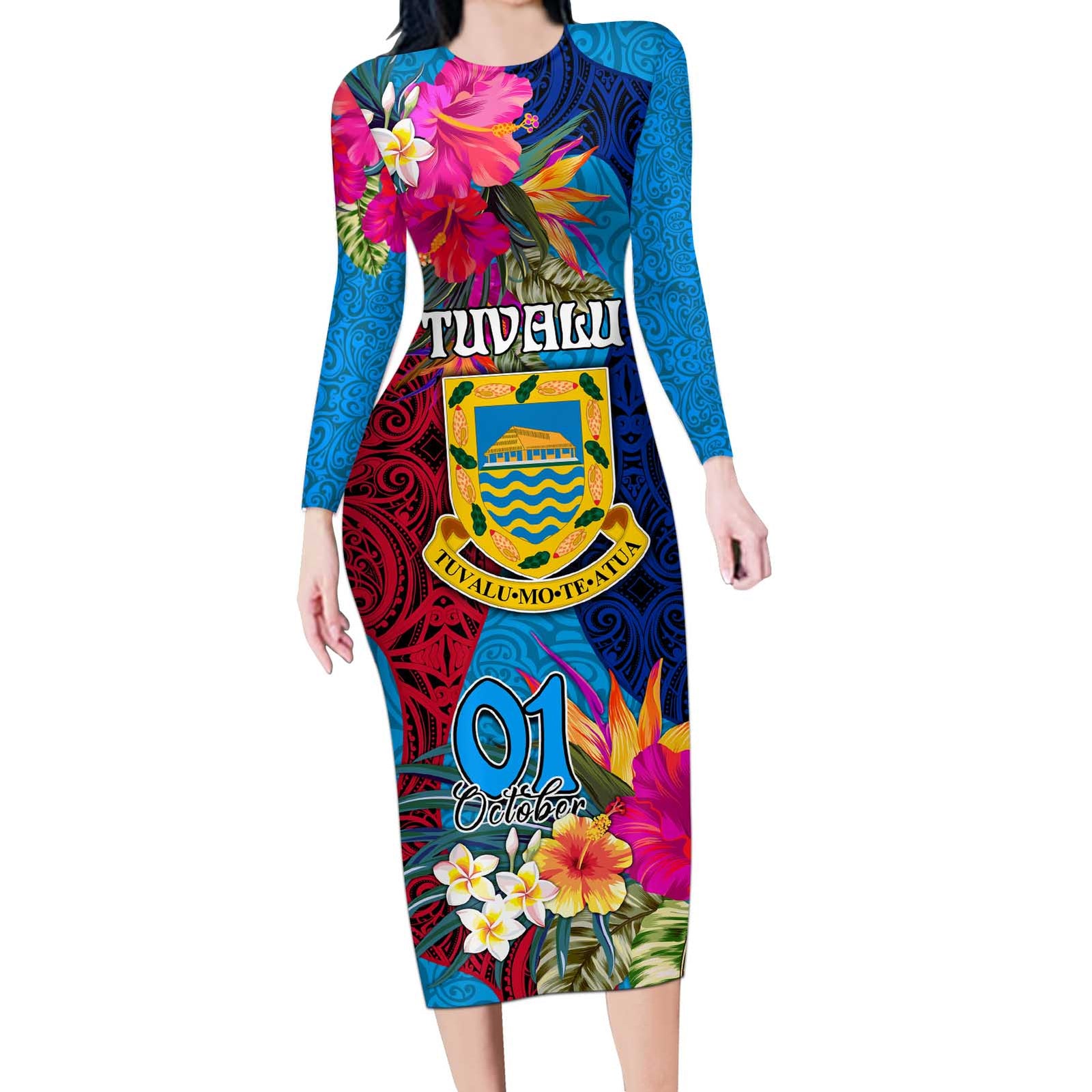 Tuvalu Independence Day Long Sleeve Bodycon Dress 1st October 46th Anniversary Polynesian Jungle Flower LT03 Long Dress Blue - Polynesian Pride