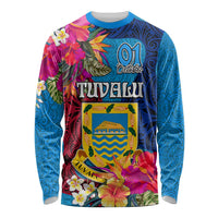 Tuvalu Independence Day Long Sleeve Shirt 1st October 46th Anniversary Polynesian Jungle Flower LT03 Unisex Blue - Polynesian Pride