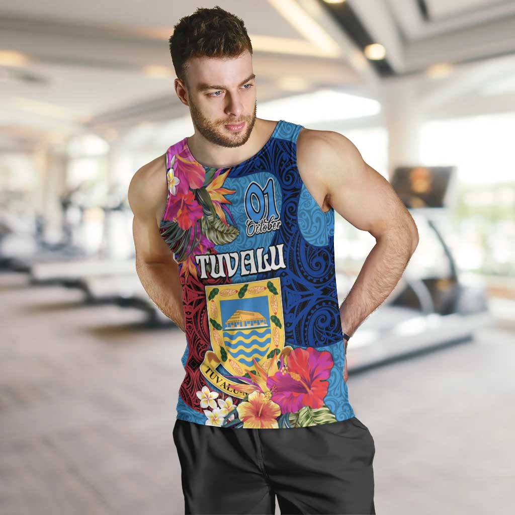 Tuvalu Independence Day Men Tank Top 1st October 46th Anniversary Polynesian Jungle Flower LT03 Blue - Polynesian Pride