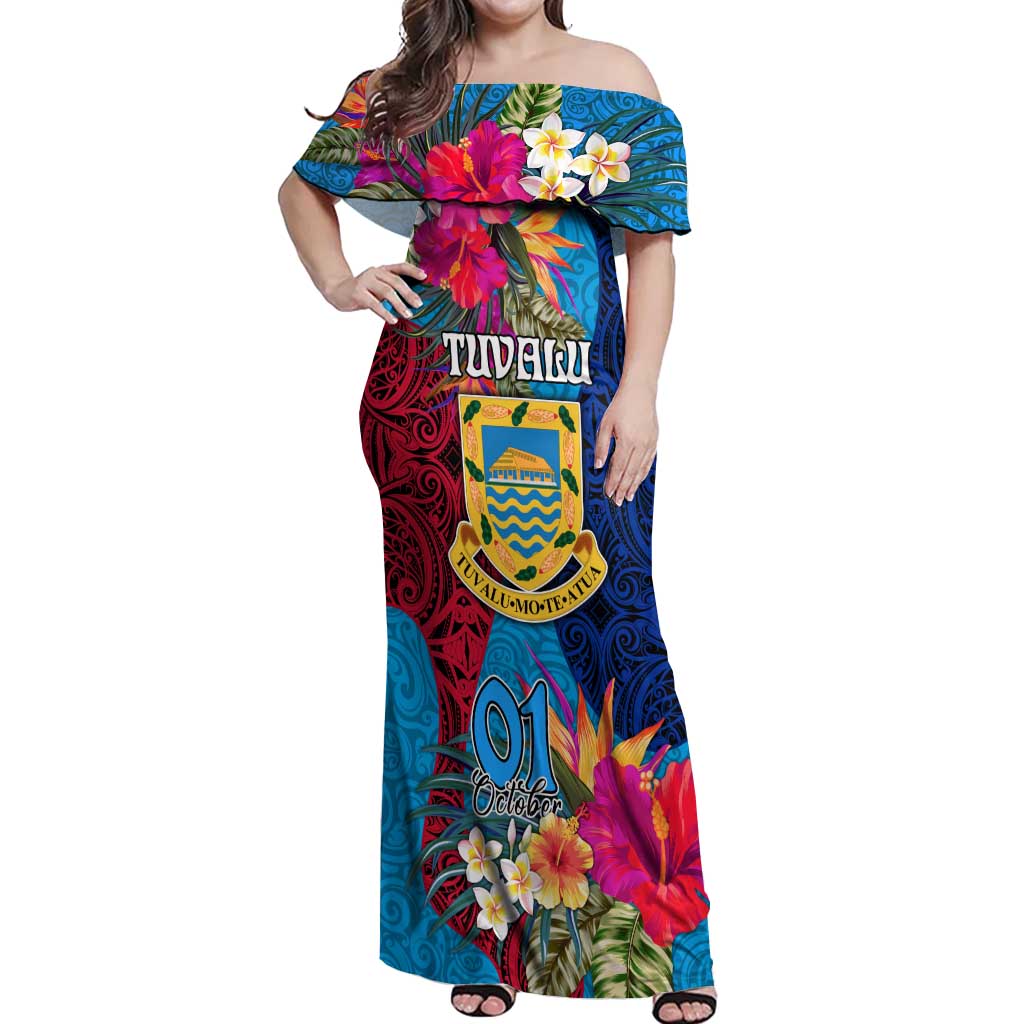 Tuvalu Independence Day Off Shoulder Maxi Dress 1st October 46th Anniversary Polynesian Jungle Flower LT03 Women Blue - Polynesian Pride