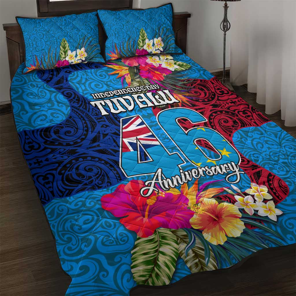 Tuvalu Independence Day Quilt Bed Set 1st October 46th Anniversary Polynesian Jungle Flower LT03 Blue - Polynesian Pride