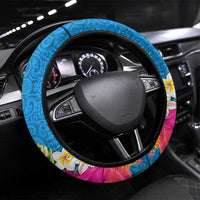 Tuvalu Independence Day Steering Wheel Cover 1st October 46th Anniversary Polynesian Jungle Flower LT03 Universal Fit Blue - Polynesian Pride