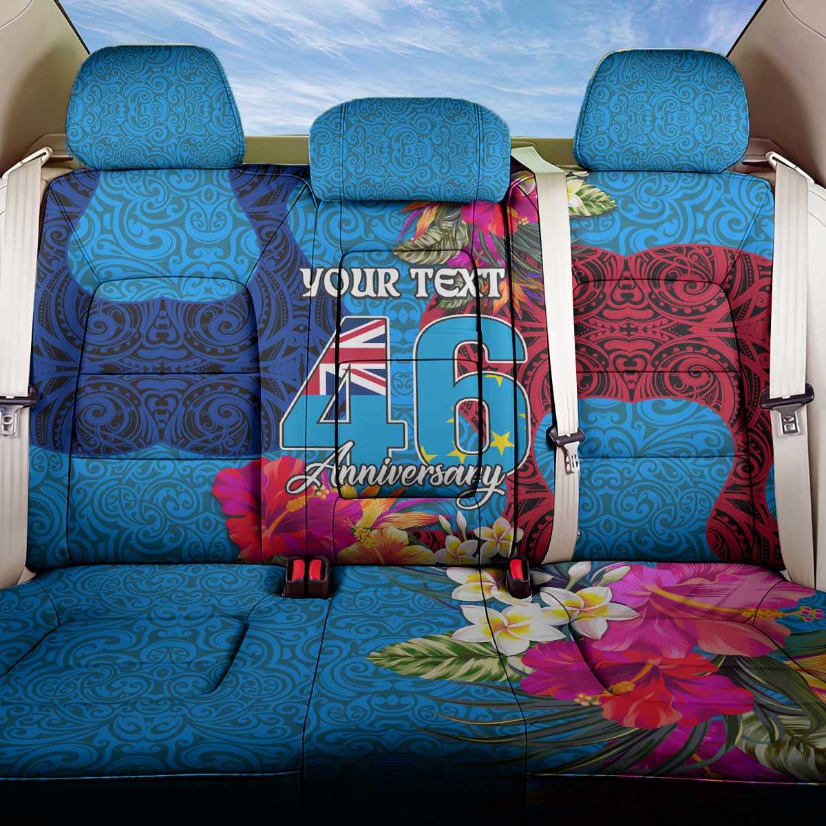 Personalised Tuvalu Independence Day Back Car Seat Cover 1st October 46th Anniversary Polynesian Jungle Flower LT03 One Size Blue - Polynesian Pride