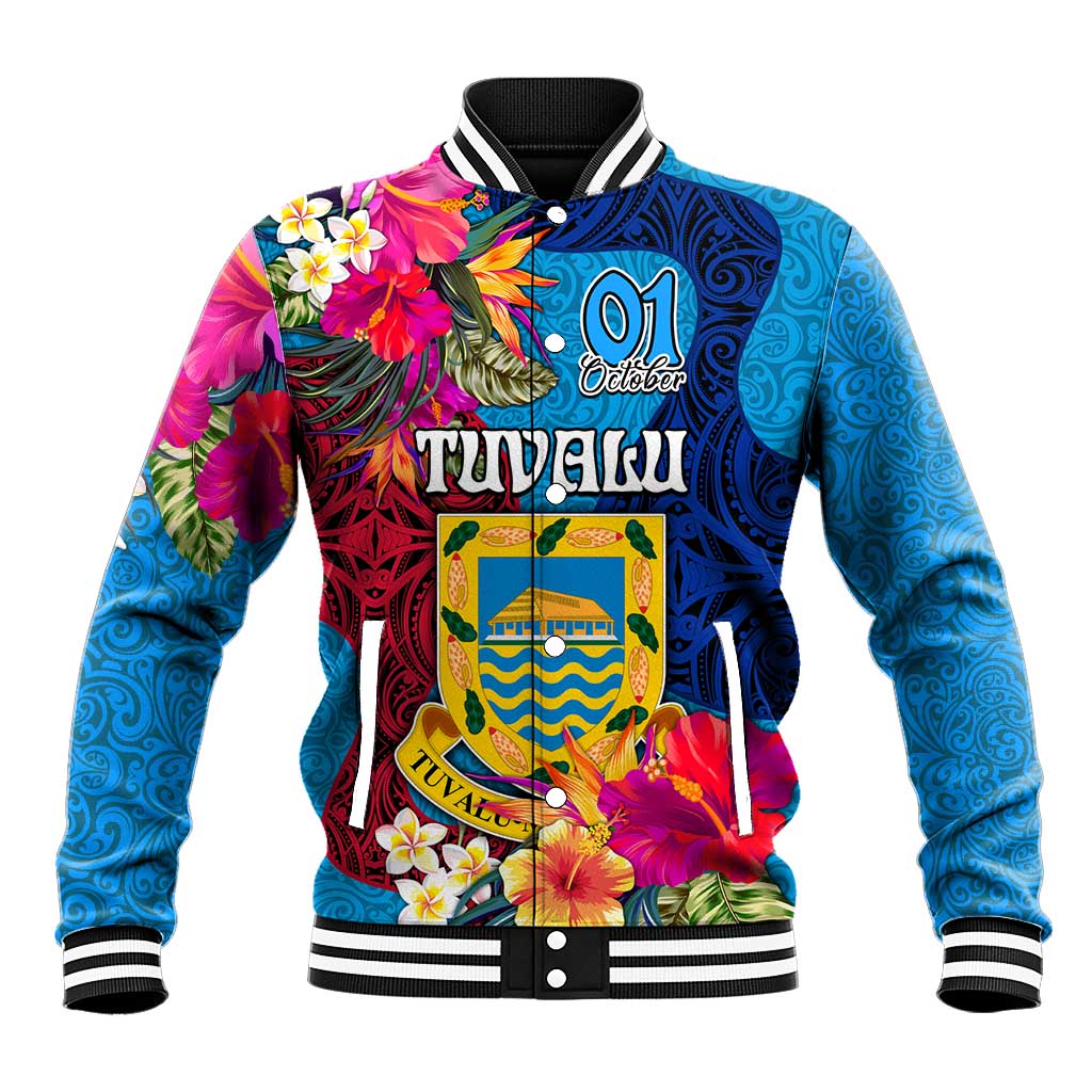 Personalised Tuvalu Independence Day Baseball Jacket 1st October 46th Anniversary Polynesian Jungle Flower LT03 Unisex Blue - Polynesian Pride
