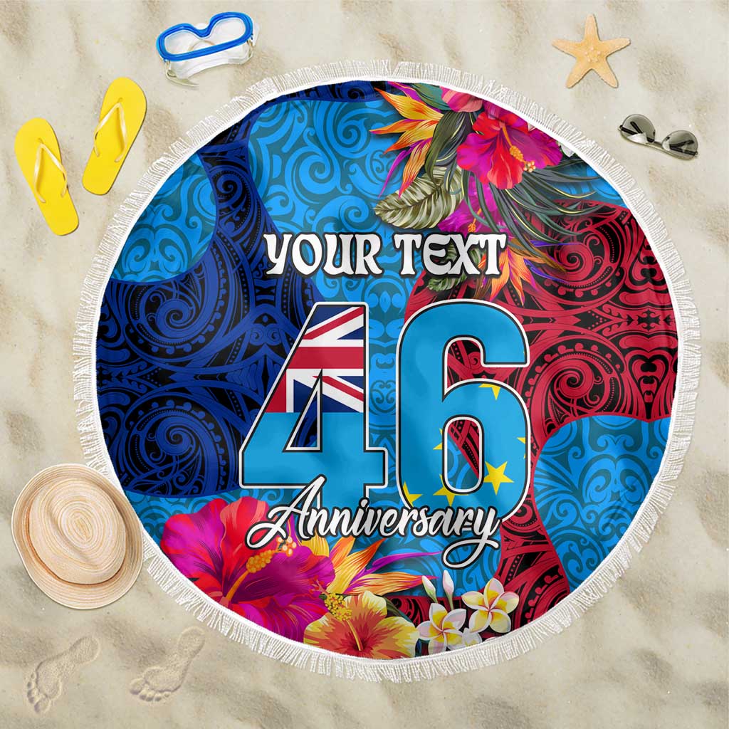 Personalised Tuvalu Independence Day Beach Blanket 1st October 46th Anniversary Polynesian Jungle Flower LT03 One Size 150cm Blue - Polynesian Pride