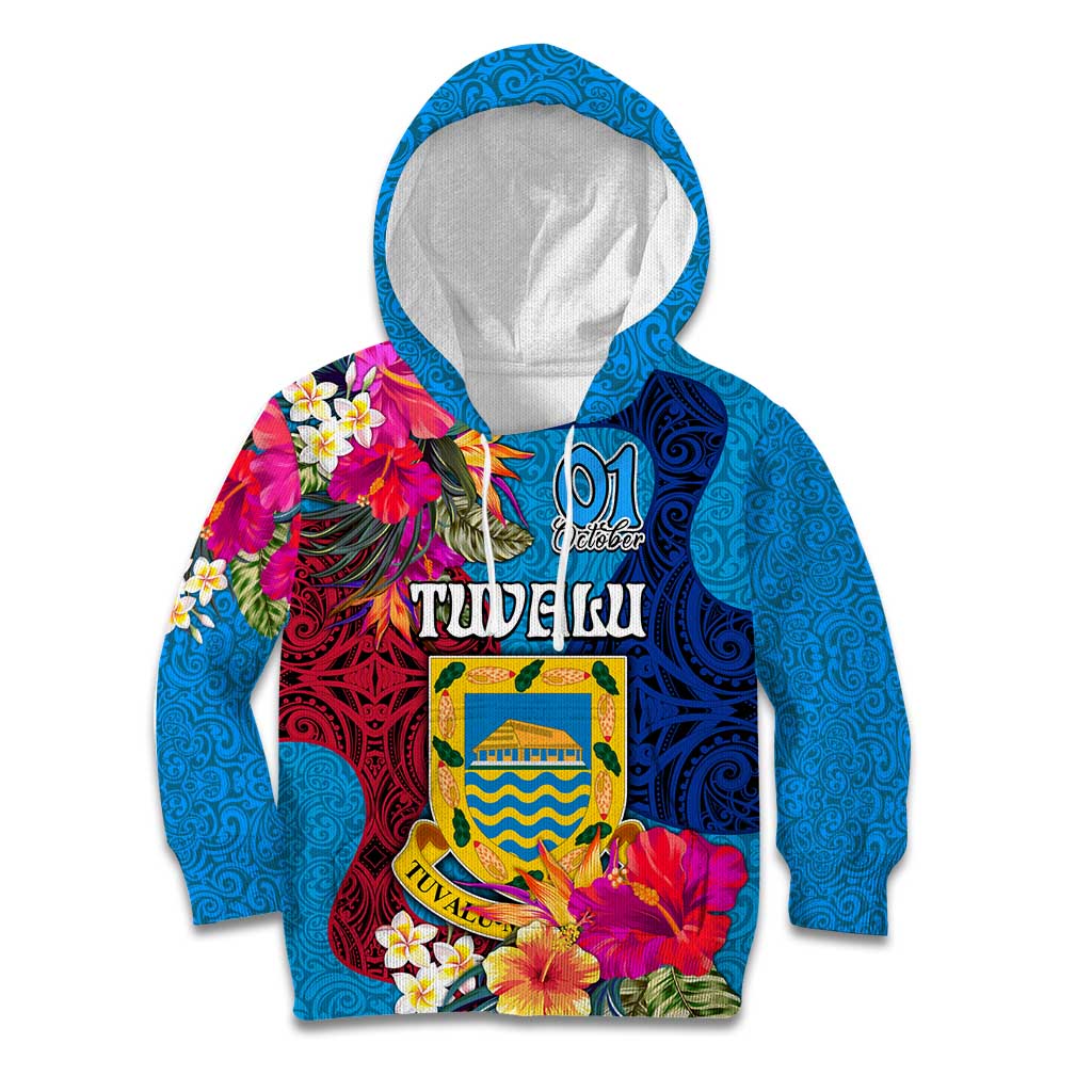 Personalised Tuvalu Independence Day Kid Hoodie 1st October 46th Anniversary Polynesian Jungle Flower LT03 Hoodie Blue - Polynesian Pride