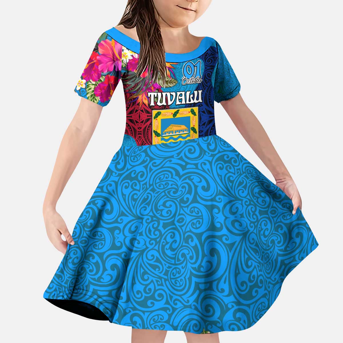 Personalised Tuvalu Independence Day Kid Short Sleeve Dress 1st October 46th Anniversary Polynesian Jungle Flower LT03 KID Blue - Polynesian Pride