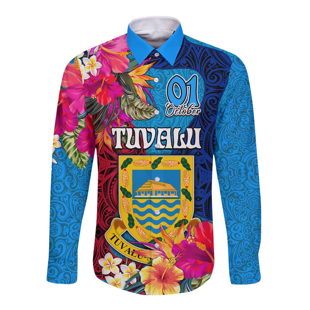 Personalised Tuvalu Independence Day Long Sleeve Button Shirt 1st October 46th Anniversary Polynesian Jungle Flower LT03 Unisex Blue - Polynesian Pride