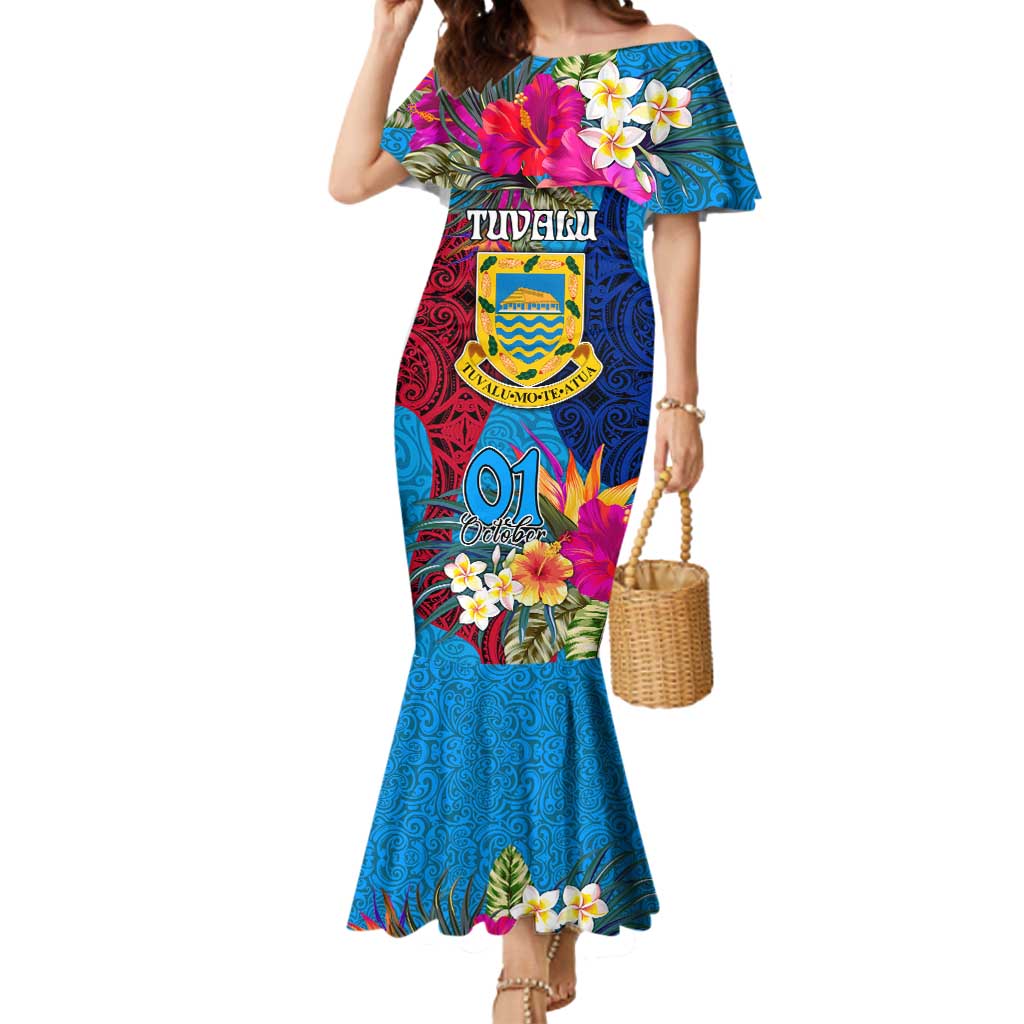 Personalised Tuvalu Independence Day Mermaid Dress 1st October 46th Anniversary Polynesian Jungle Flower LT03 Women Blue - Polynesian Pride