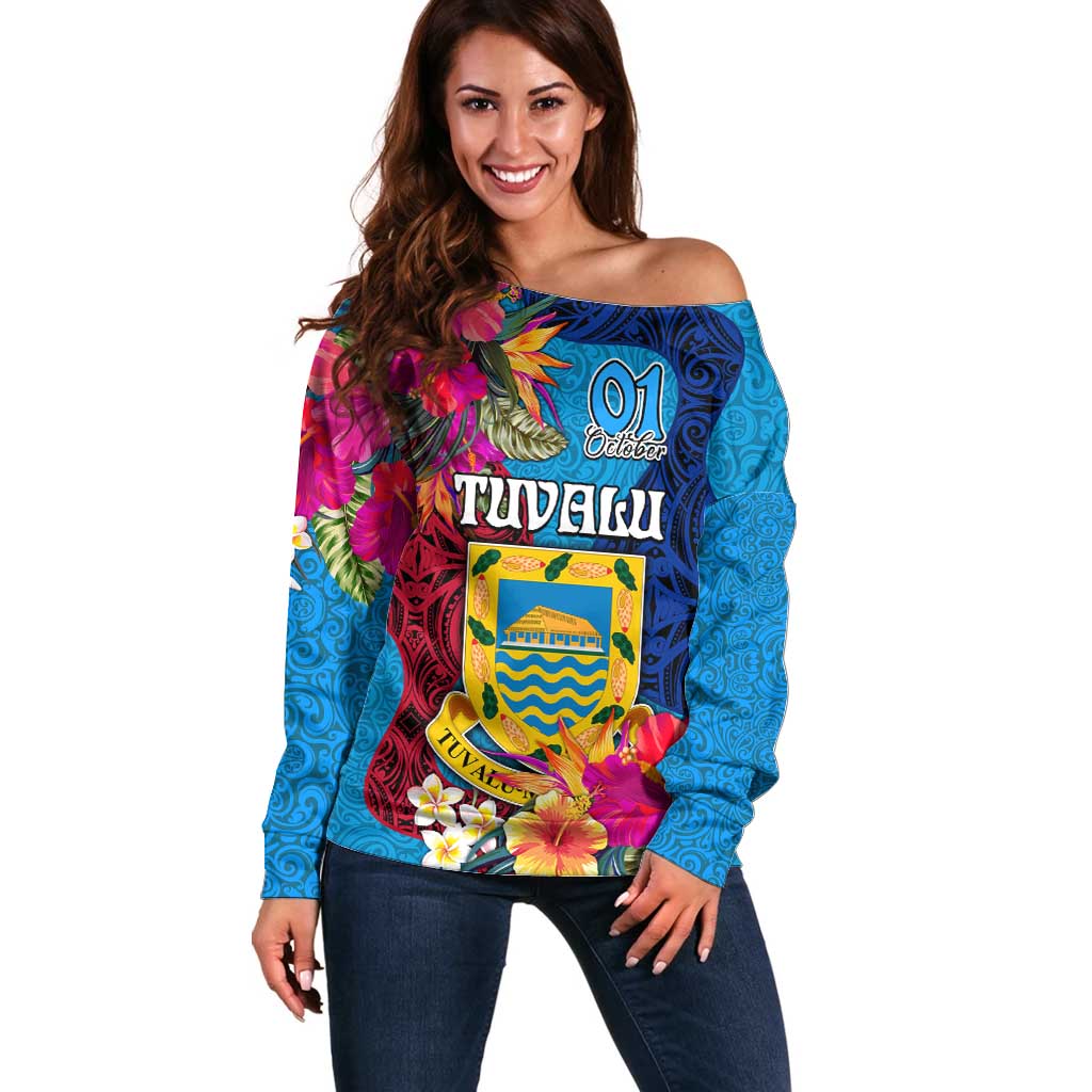 Personalised Tuvalu Independence Day Off Shoulder Sweater 1st October 46th Anniversary Polynesian Jungle Flower LT03 Women Blue - Polynesian Pride