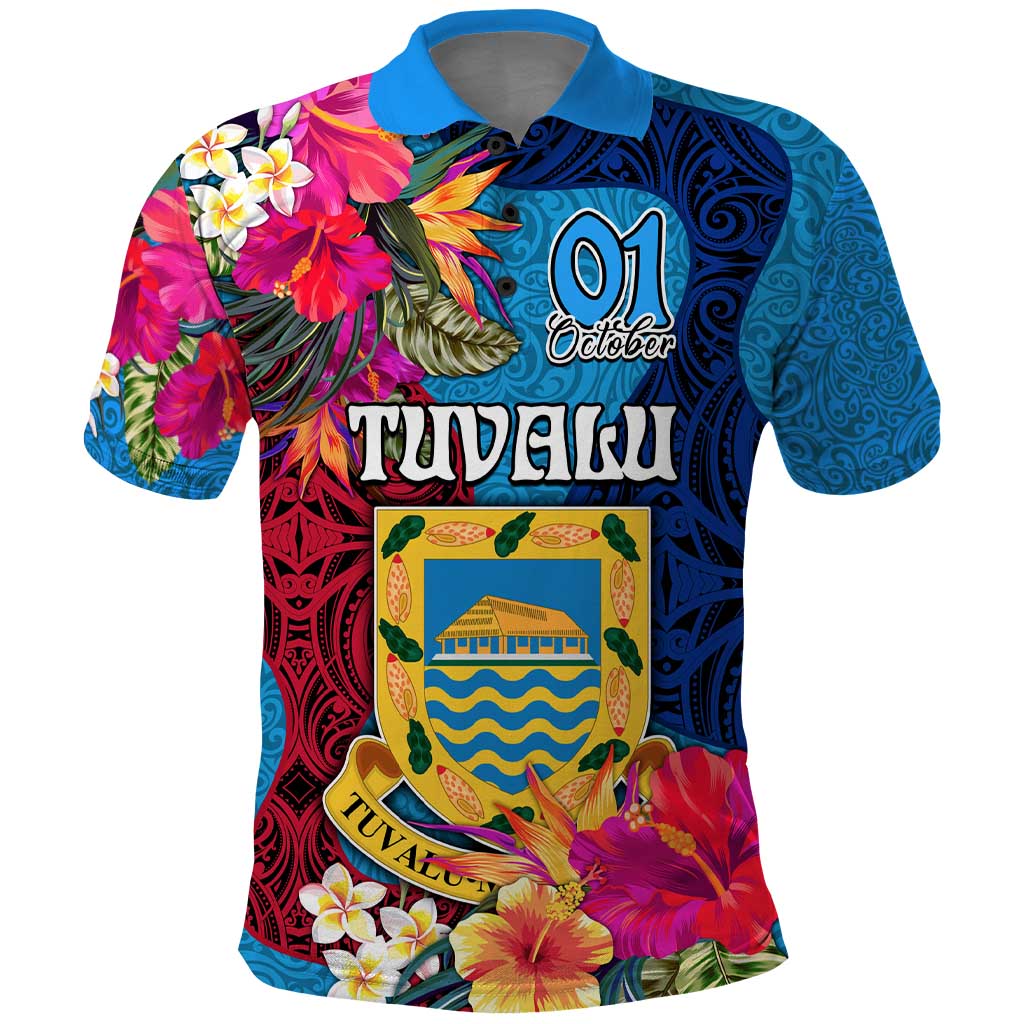 Personalised Tuvalu Independence Day Polo Shirt 1st October 46th Anniversary Polynesian Jungle Flower LT03 Blue - Polynesian Pride