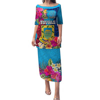 Personalised Tuvalu Independence Day Puletasi 1st October 46th Anniversary Polynesian Jungle Flower LT03 Long Dress Blue - Polynesian Pride