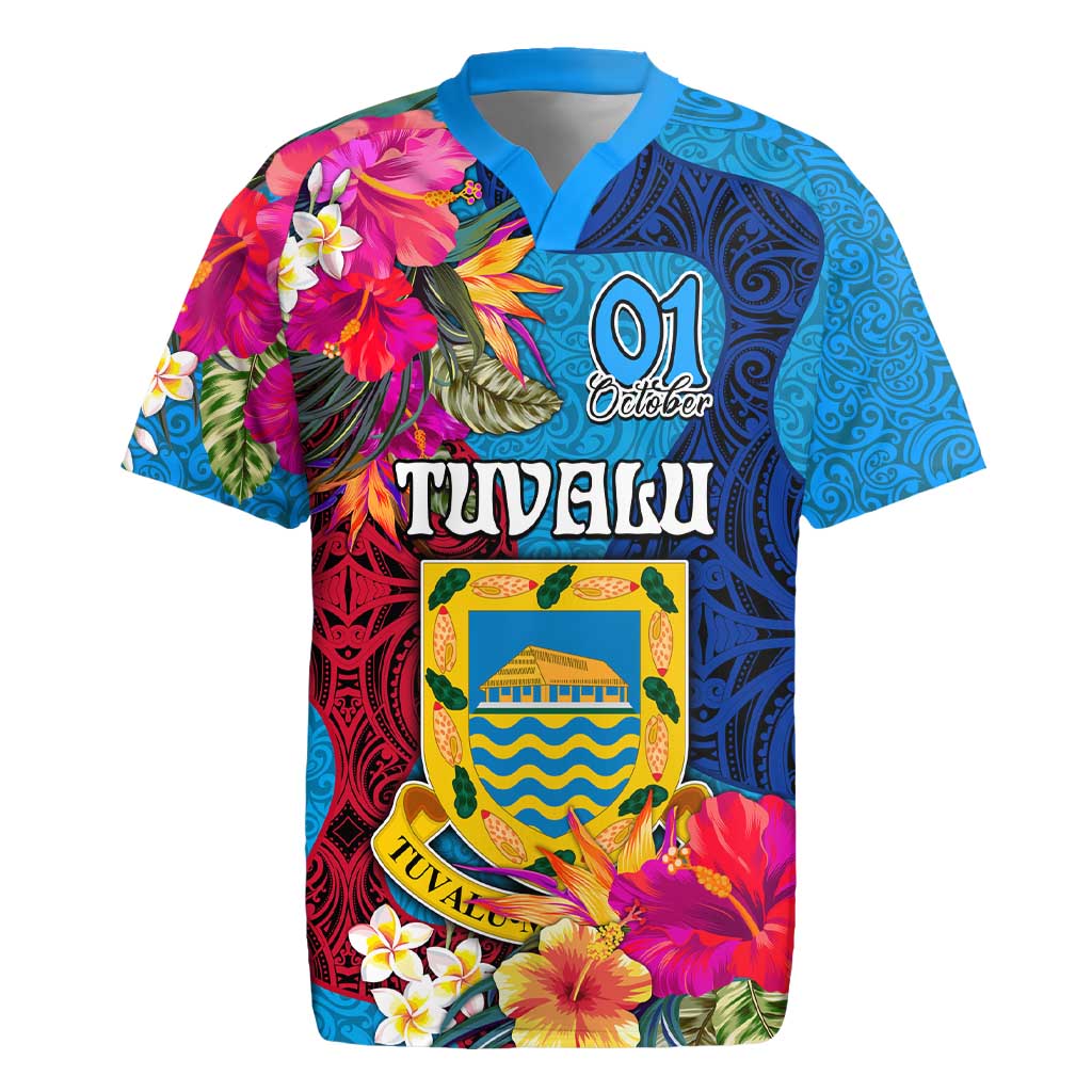 Personalised Tuvalu Independence Day Rugby Jersey 1st October 46th Anniversary Polynesian Jungle Flower LT03 Blue - Polynesian Pride