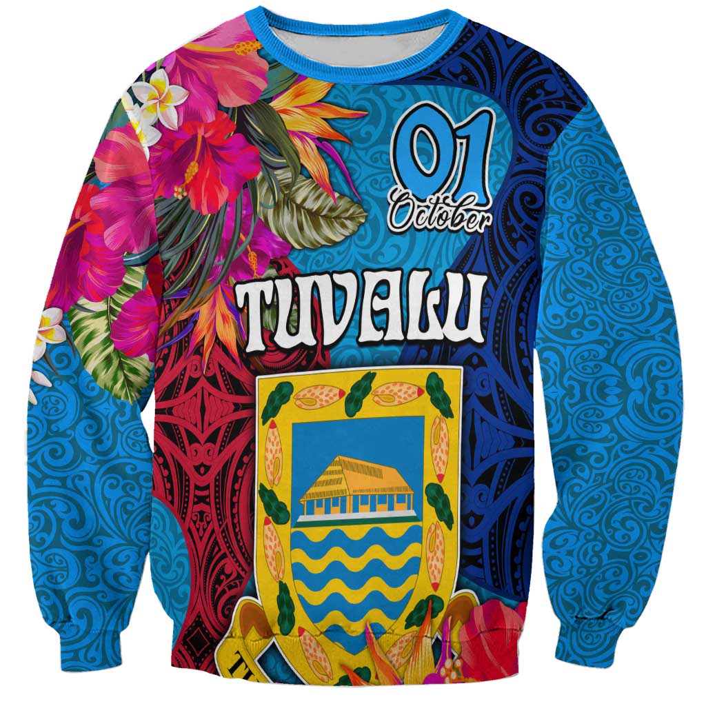Personalised Tuvalu Independence Day Sweatshirt 1st October 46th Anniversary Polynesian Jungle Flower LT03 Unisex Blue - Polynesian Pride