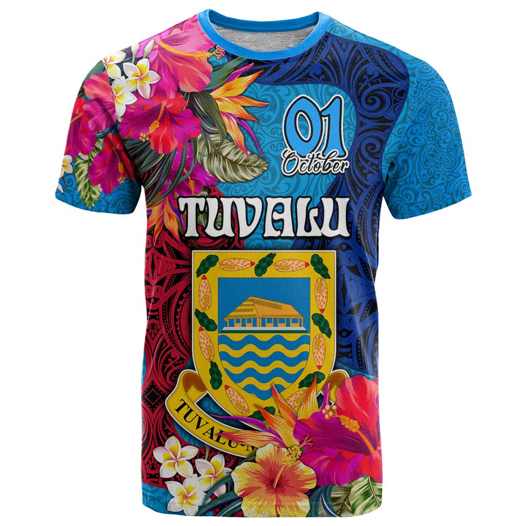 Personalised Tuvalu Independence Day T Shirt 1st October 46th Anniversary Polynesian Jungle Flower LT03 Blue - Polynesian Pride