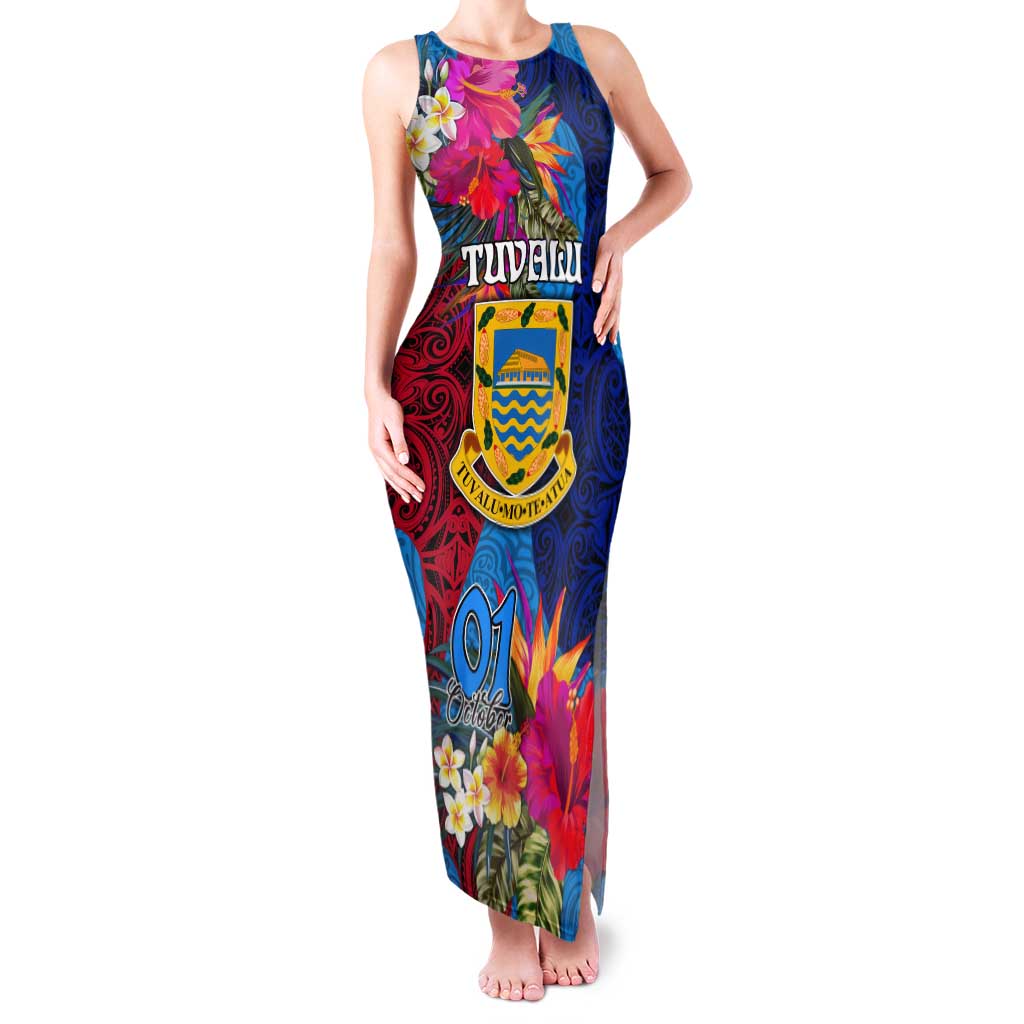Personalised Tuvalu Independence Day Tank Maxi Dress 1st October 46th Anniversary Polynesian Jungle Flower LT03 Women Blue - Polynesian Pride