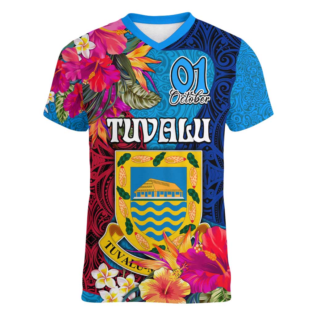 Personalised Tuvalu Independence Day Women V-Neck T-Shirt 1st October 46th Anniversary Polynesian Jungle Flower