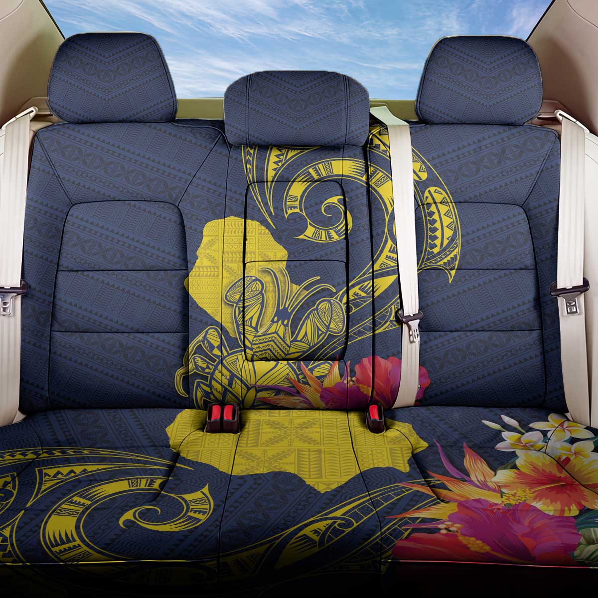 Niue Independence Day Back Car Seat Cover Hiapo Pattern Hibiscus Plumeria and Uga LT03 One Size Yellow - Polynesian Pride