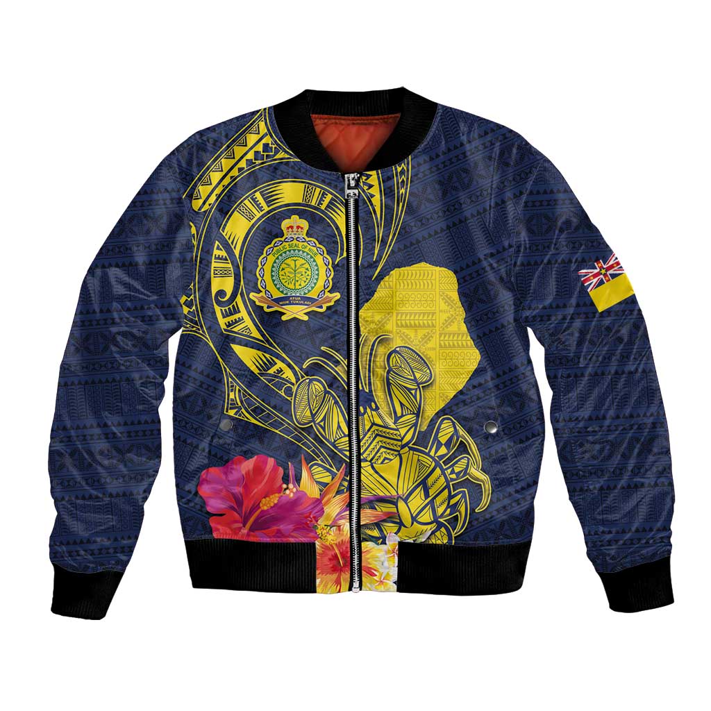 Niue Independence Day Bomber Jacket Hiapo Pattern Hibiscus Plumeria and Uga LT03 Unisex Yellow - Polynesian Pride