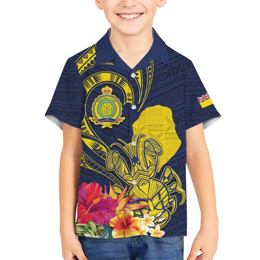 Niue Independence Day Kid Hawaiian Shirt Hiapo Pattern Hibiscus Plumeria and Uga LT03 Kid Yellow - Polynesian Pride