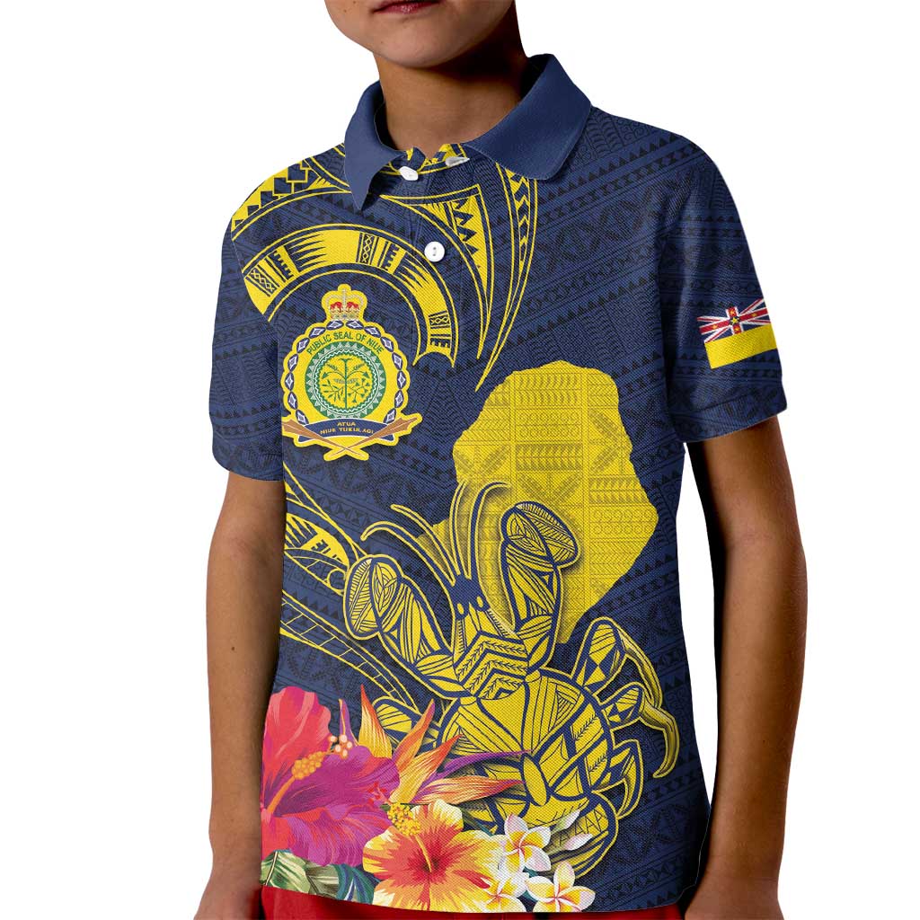 Niue Independence Day Kid Polo Shirt Hiapo Pattern Hibiscus Plumeria and Uga LT03 Kid Yellow - Polynesian Pride