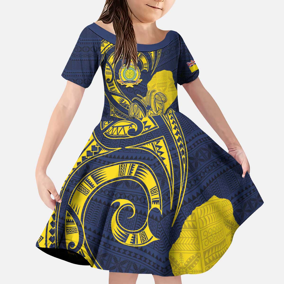 Niue Independence Day Kid Short Sleeve Dress Hiapo Pattern Hibiscus Plumeria and Uga LT03 KID Yellow - Polynesian Pride