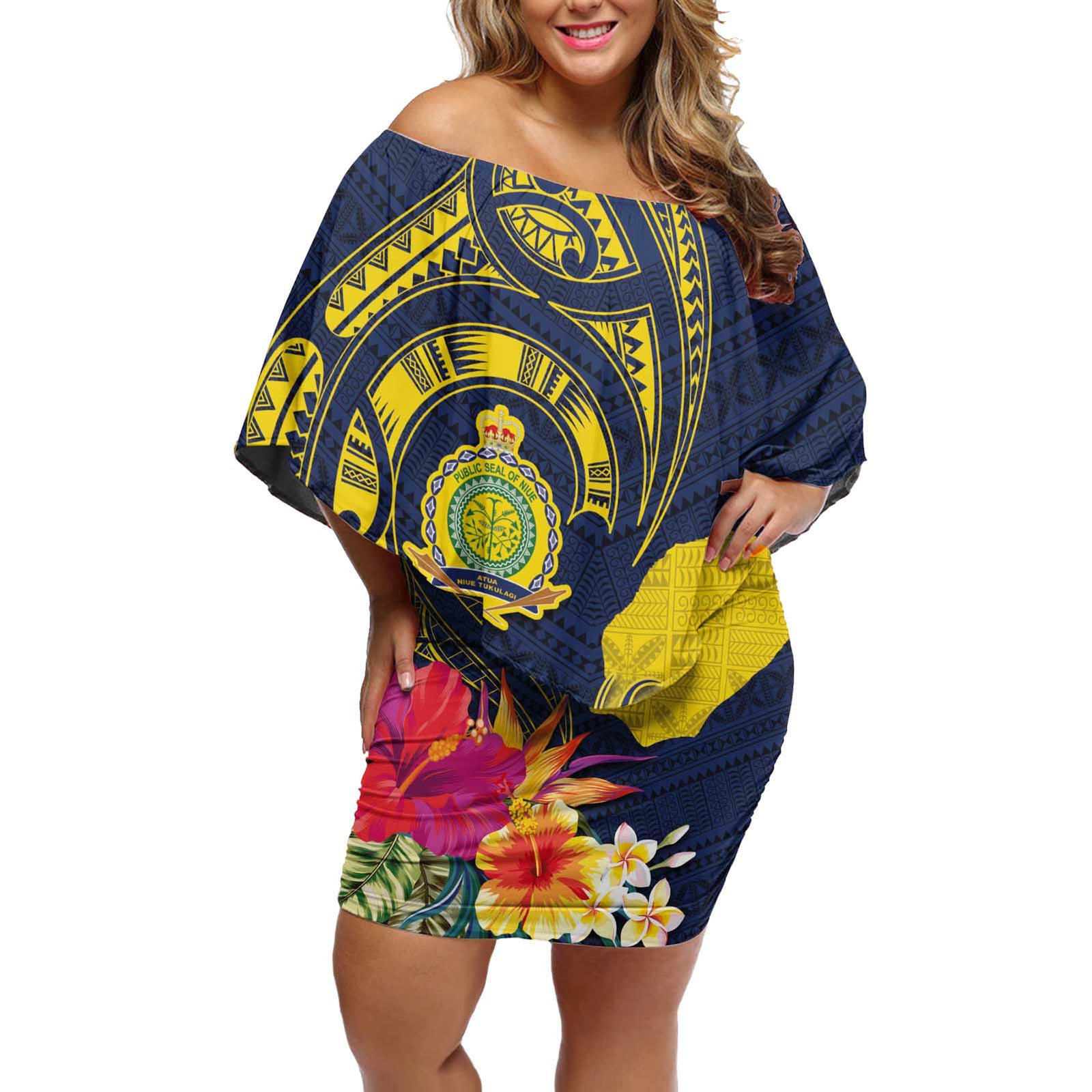 Niue Independence Day Off Shoulder Short Dress Hiapo Pattern Hibiscus Plumeria and Uga LT03 Women Yellow - Polynesian Pride