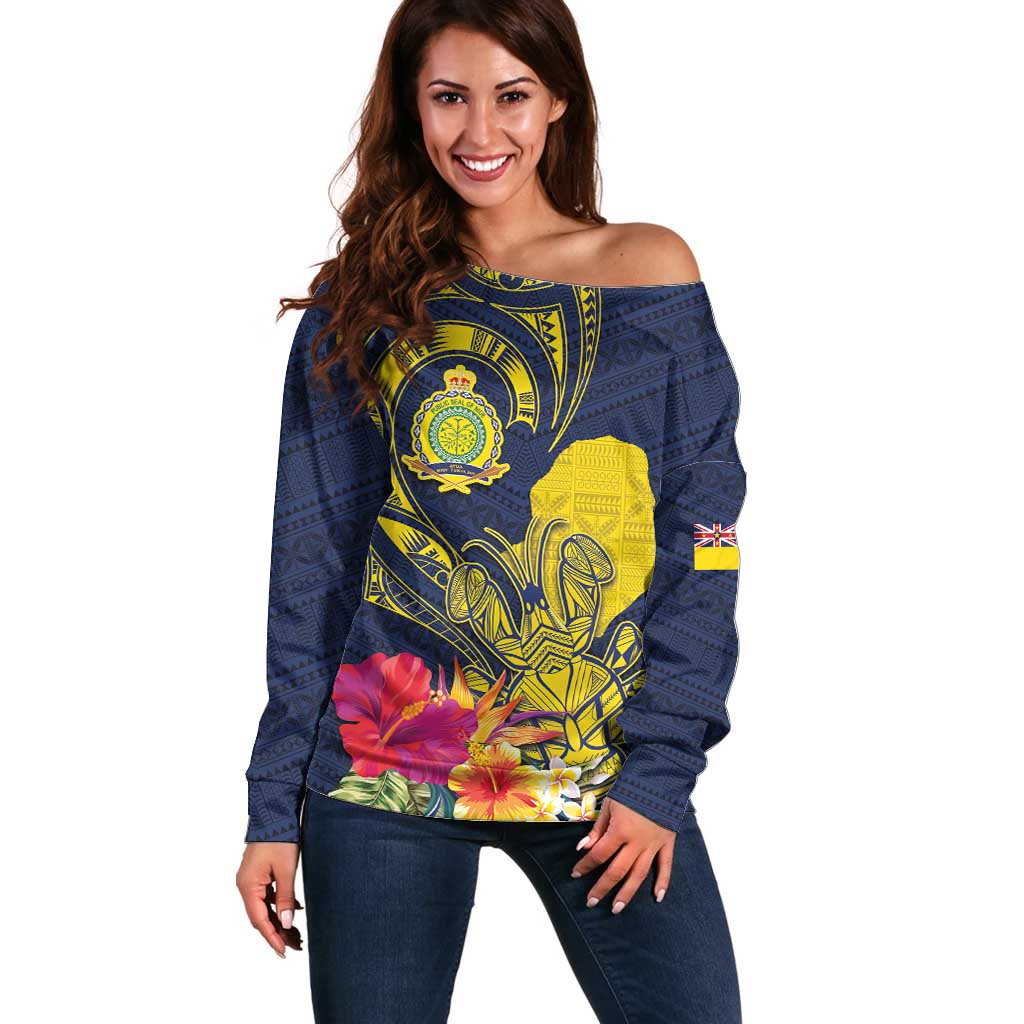 Niue Independence Day Off Shoulder Sweater Hiapo Pattern Hibiscus Plumeria and Uga LT03 Women Yellow - Polynesian Pride