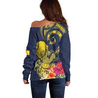Niue Independence Day Off Shoulder Sweater Hiapo Pattern Hibiscus Plumeria and Uga LT03 - Polynesian Pride