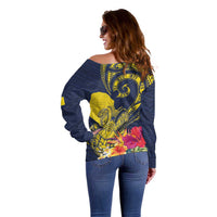 Niue Independence Day Off Shoulder Sweater Hiapo Pattern Hibiscus Plumeria and Uga LT03 - Polynesian Pride