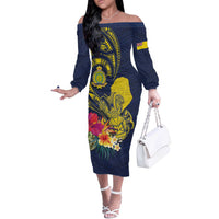 Niue Independence Day Off The Shoulder Long Sleeve Dress Hiapo Pattern Hibiscus Plumeria and Uga LT03 Women Yellow - Polynesian Pride