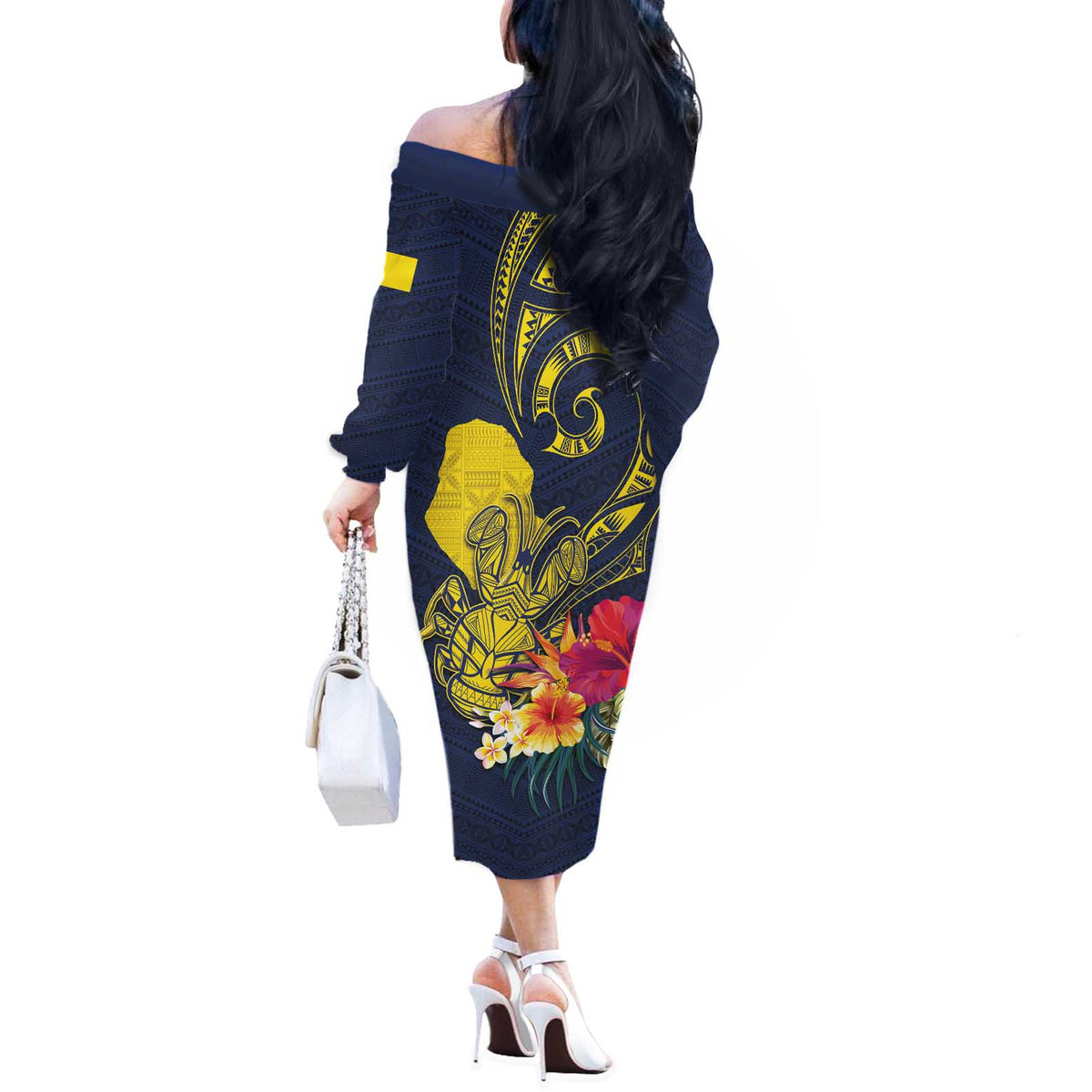 Niue Independence Day Off The Shoulder Long Sleeve Dress Hiapo Pattern Hibiscus Plumeria and Uga LT03 - Polynesian Pride