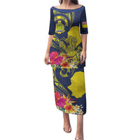 Niue Independence Day Puletasi Hiapo Pattern Hibiscus Plumeria and Uga LT03 Long Dress Yellow - Polynesian Pride