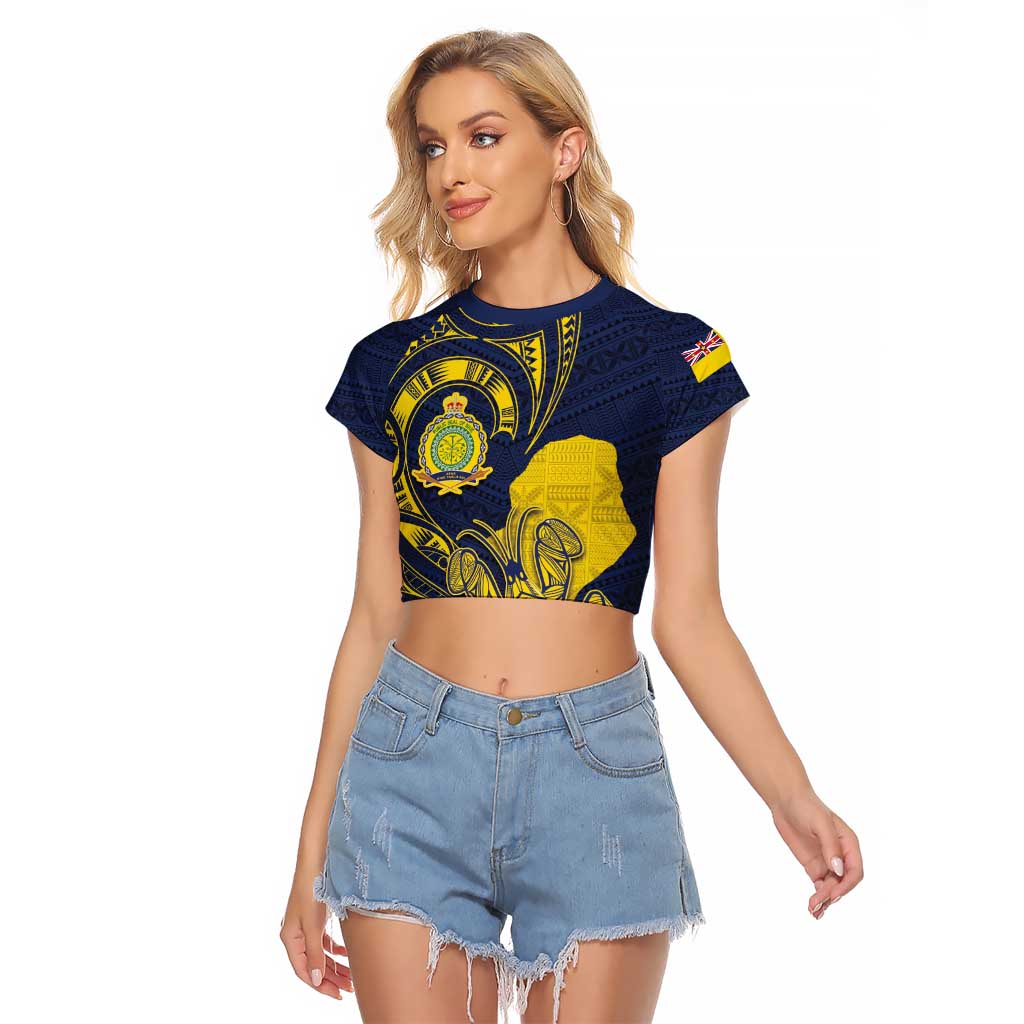 Niue Independence Day Raglan Cropped T Shirt Hiapo Pattern Hibiscus Plumeria and Uga LT03 Female Yellow - Polynesian Pride