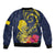 Niue Independence Day Sleeve Zip Bomber Jacket Hiapo Pattern Hibiscus Plumeria and Uga