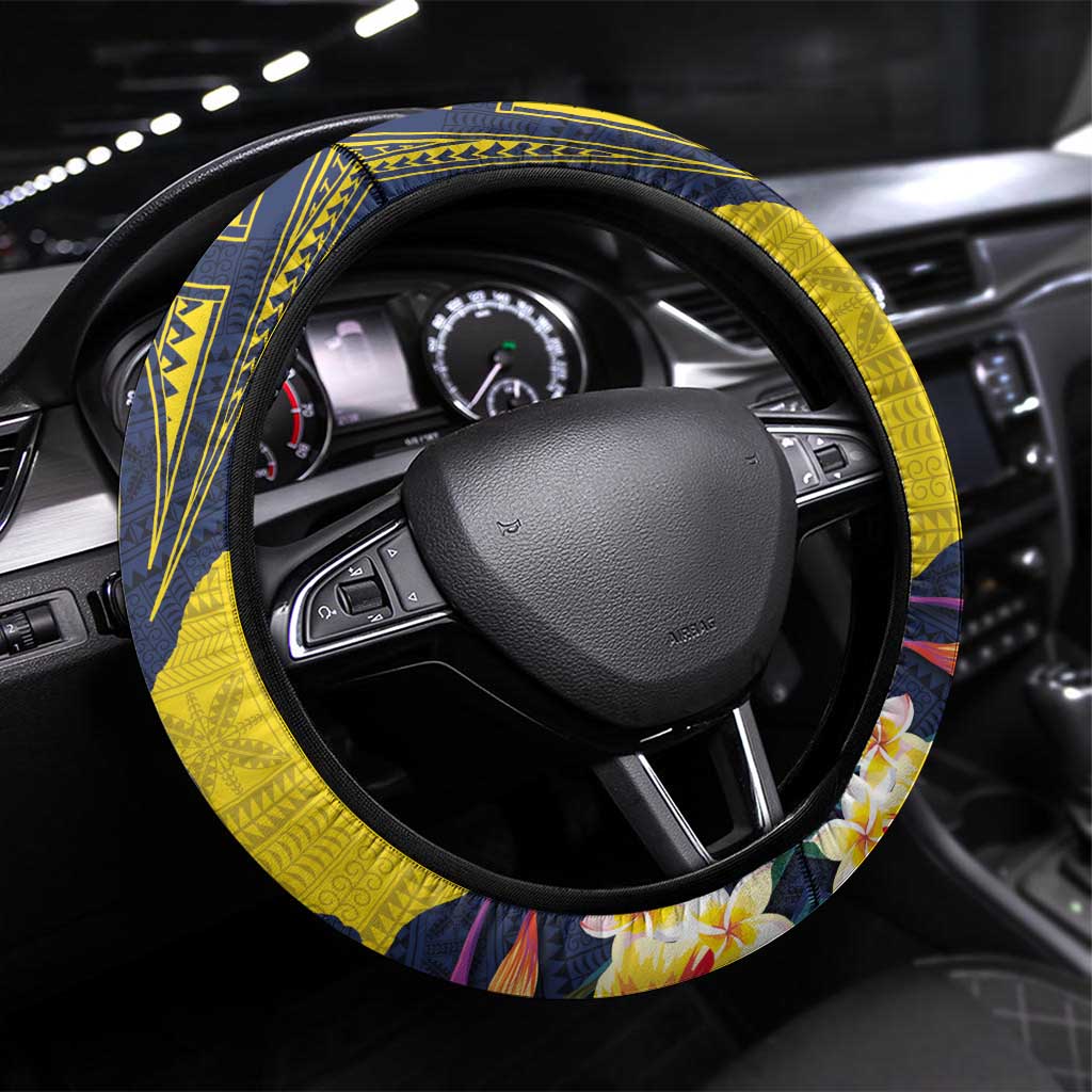 Niue Independence Day Steering Wheel Cover Hiapo Pattern Hibiscus Plumeria and Uga LT03 Universal Fit Yellow - Polynesian Pride