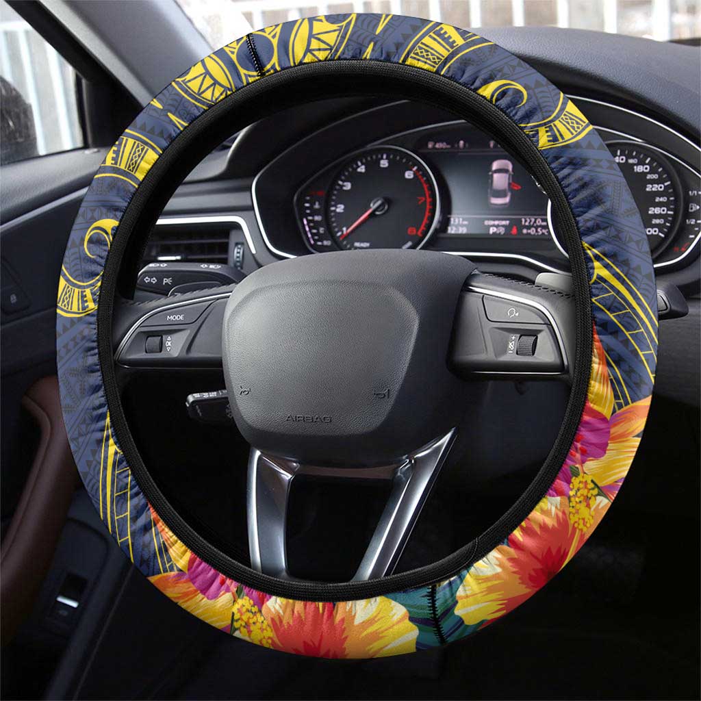 Niue Independence Day Steering Wheel Cover Hiapo Pattern Hibiscus Plumeria and Uga LT03 - Polynesian Pride