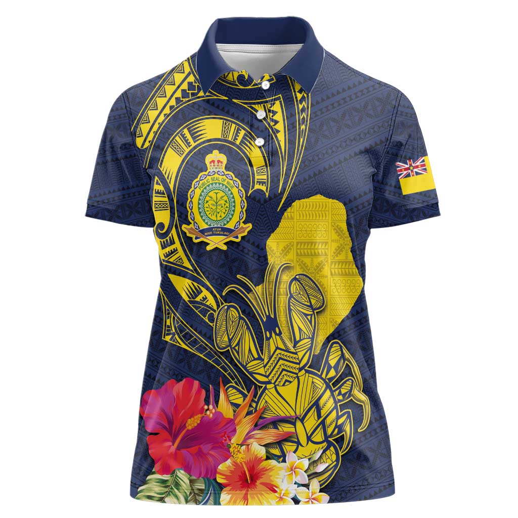 Niue Independence Day Women Polo Shirt Hiapo Pattern Hibiscus Plumeria and Uga LT03 Female Yellow - Polynesian Pride